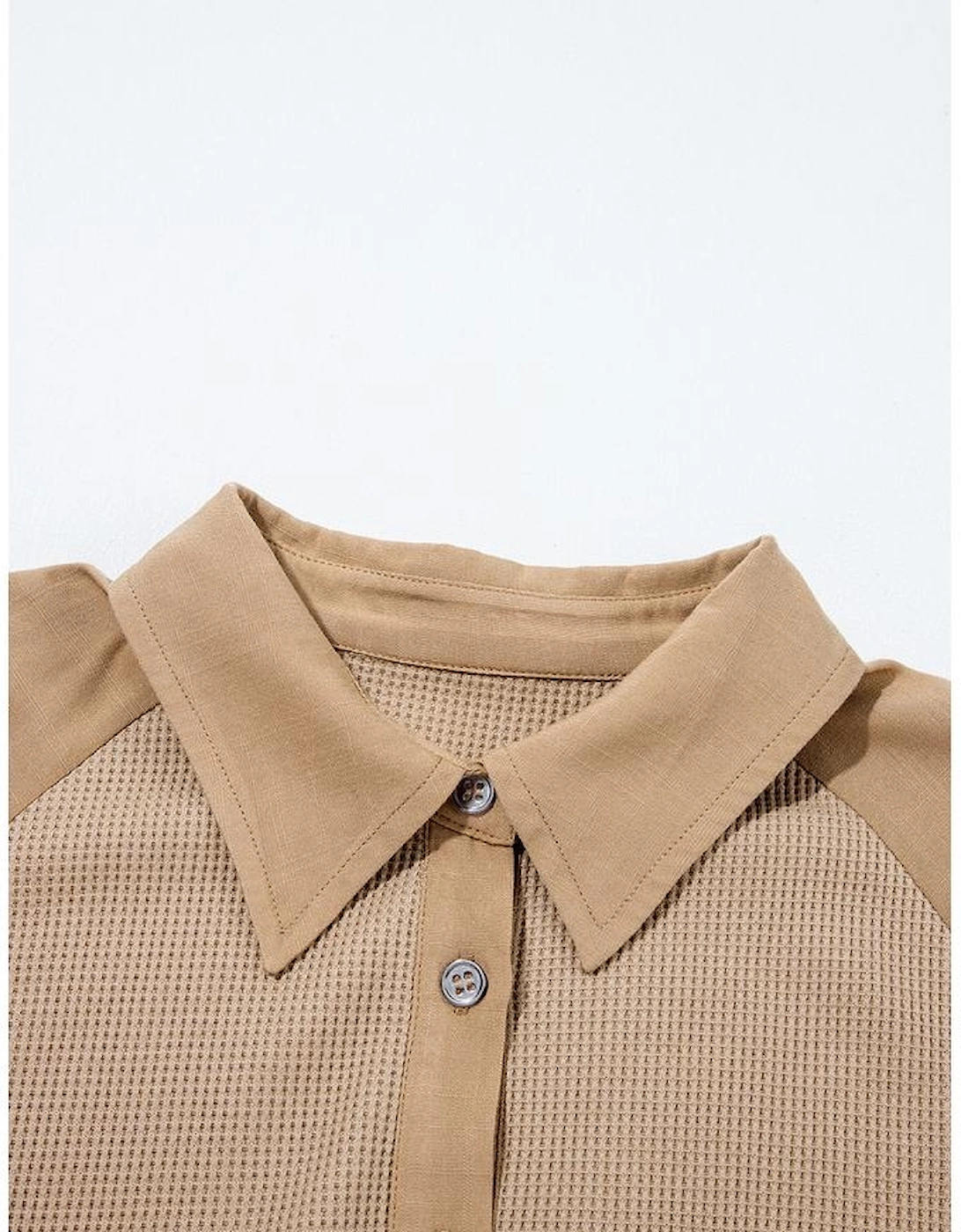 Light French Beige Waffle Patchwork Button Up Frayed Hem Shirt