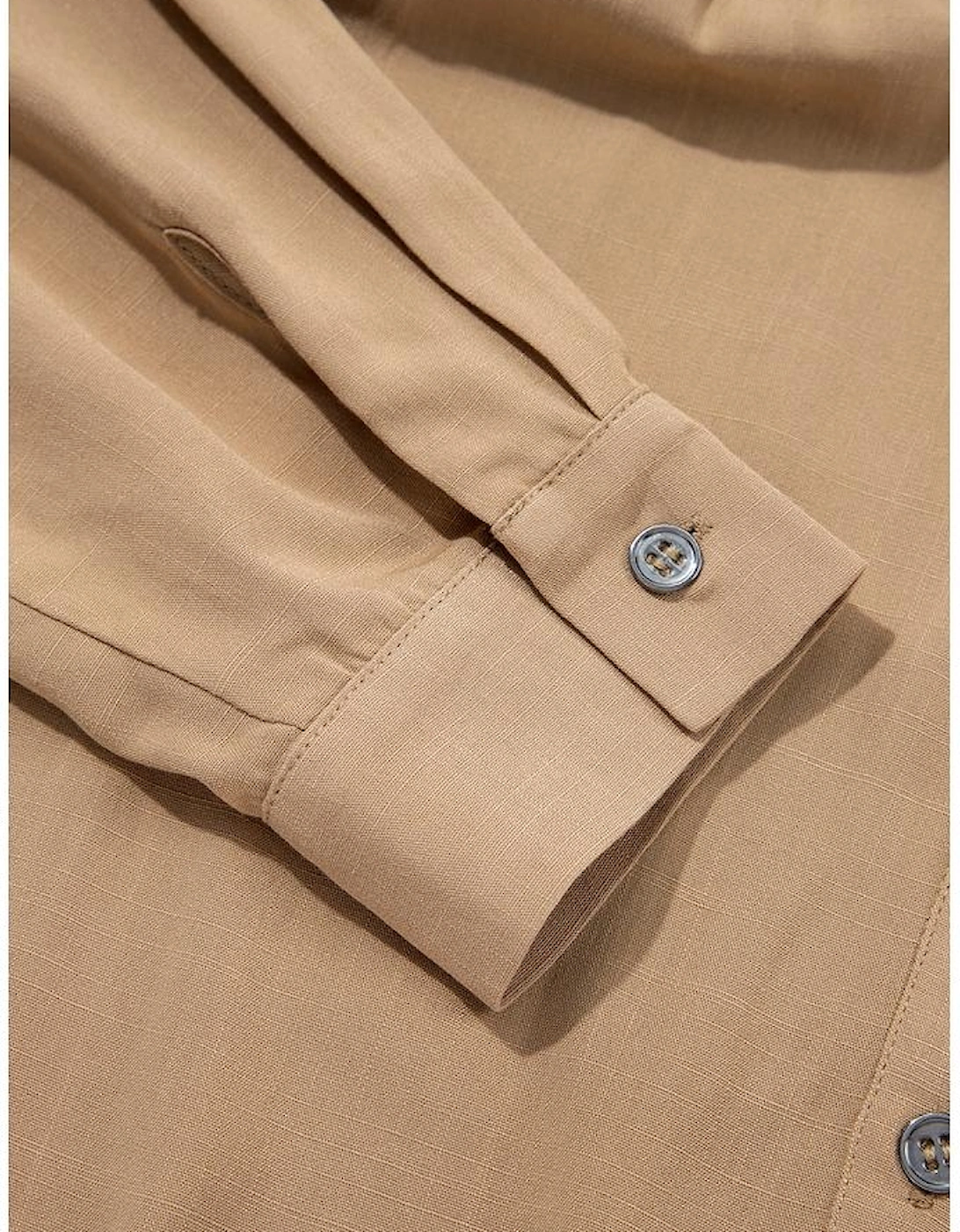 Light French Beige Waffle Patchwork Button Up Frayed Hem Shirt