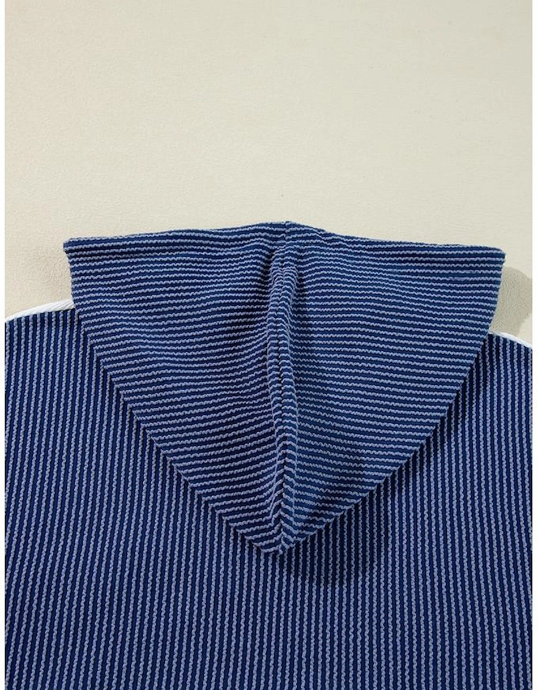 White Corded Colorblock Patch Pocket Drawstring Hooded Top