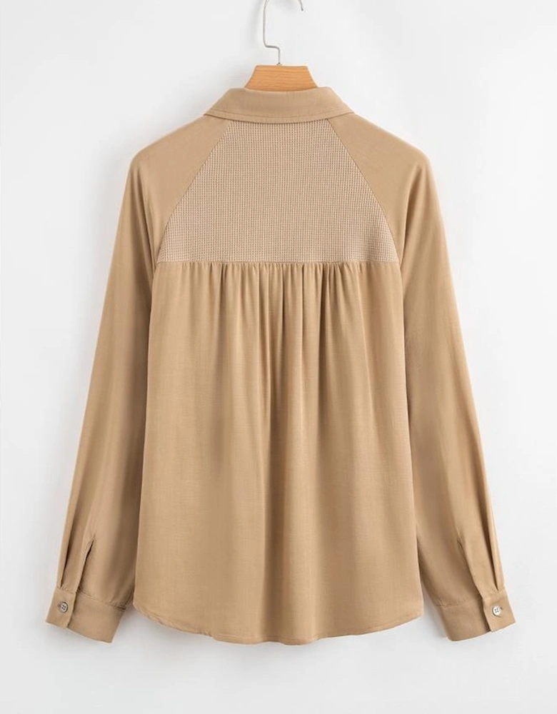 Light French Beige Waffle Patchwork Button Up Frayed Hem Shirt