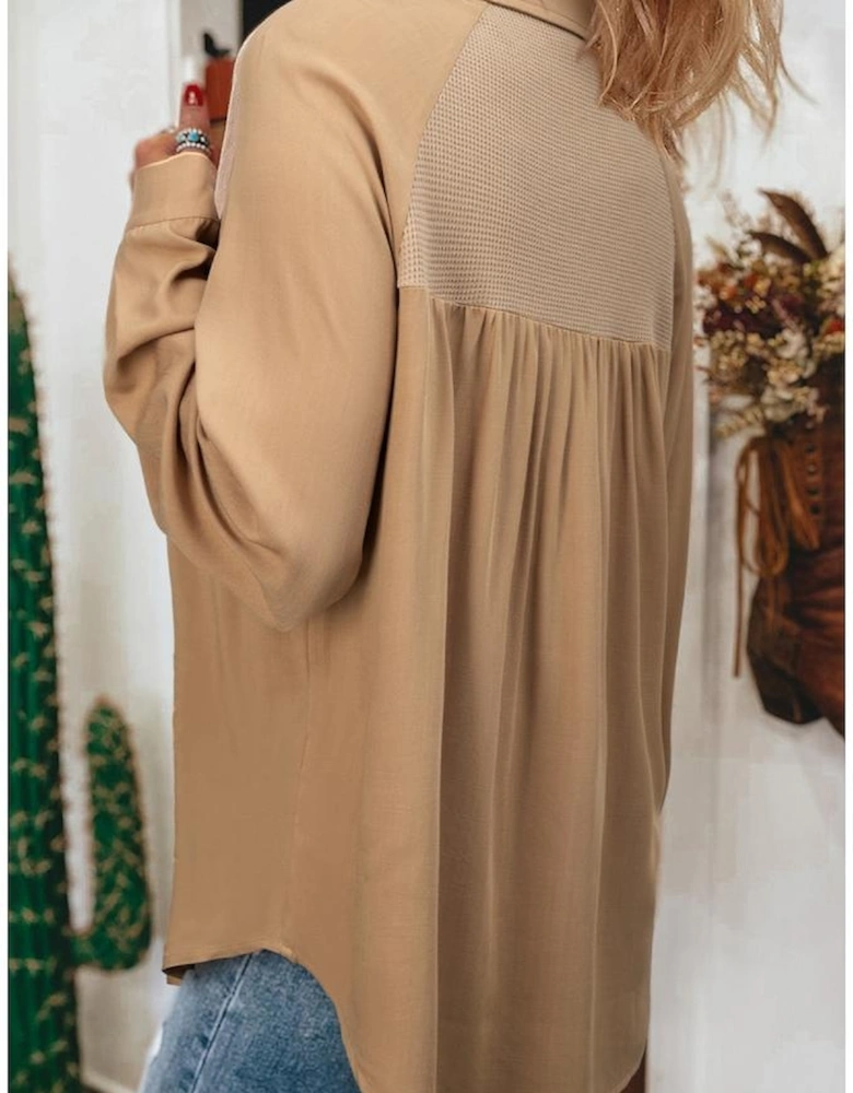 Light French Beige Waffle Patchwork Button Up Frayed Hem Shirt