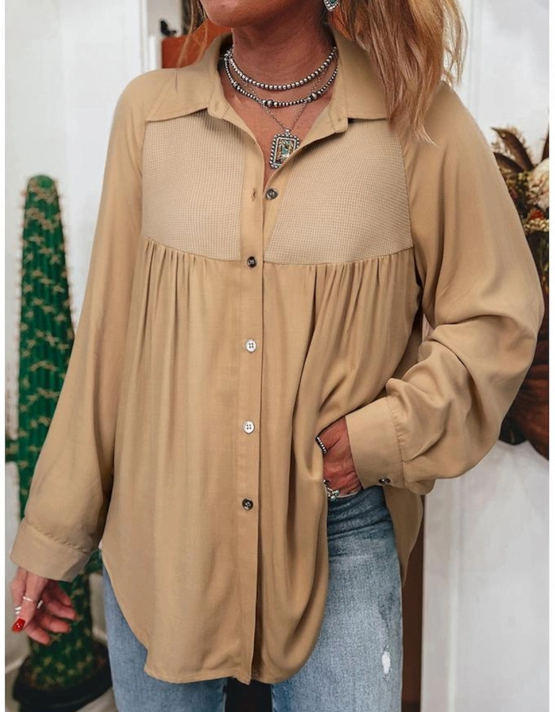 Light French Beige Waffle Patchwork Button Up Frayed Hem Shirt