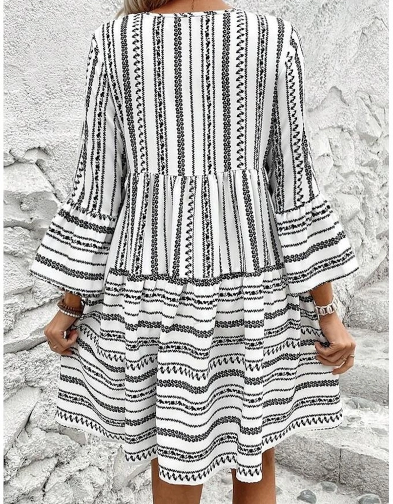 Black Stripe V Neck Bell Sleeve High Waist Mini Dress