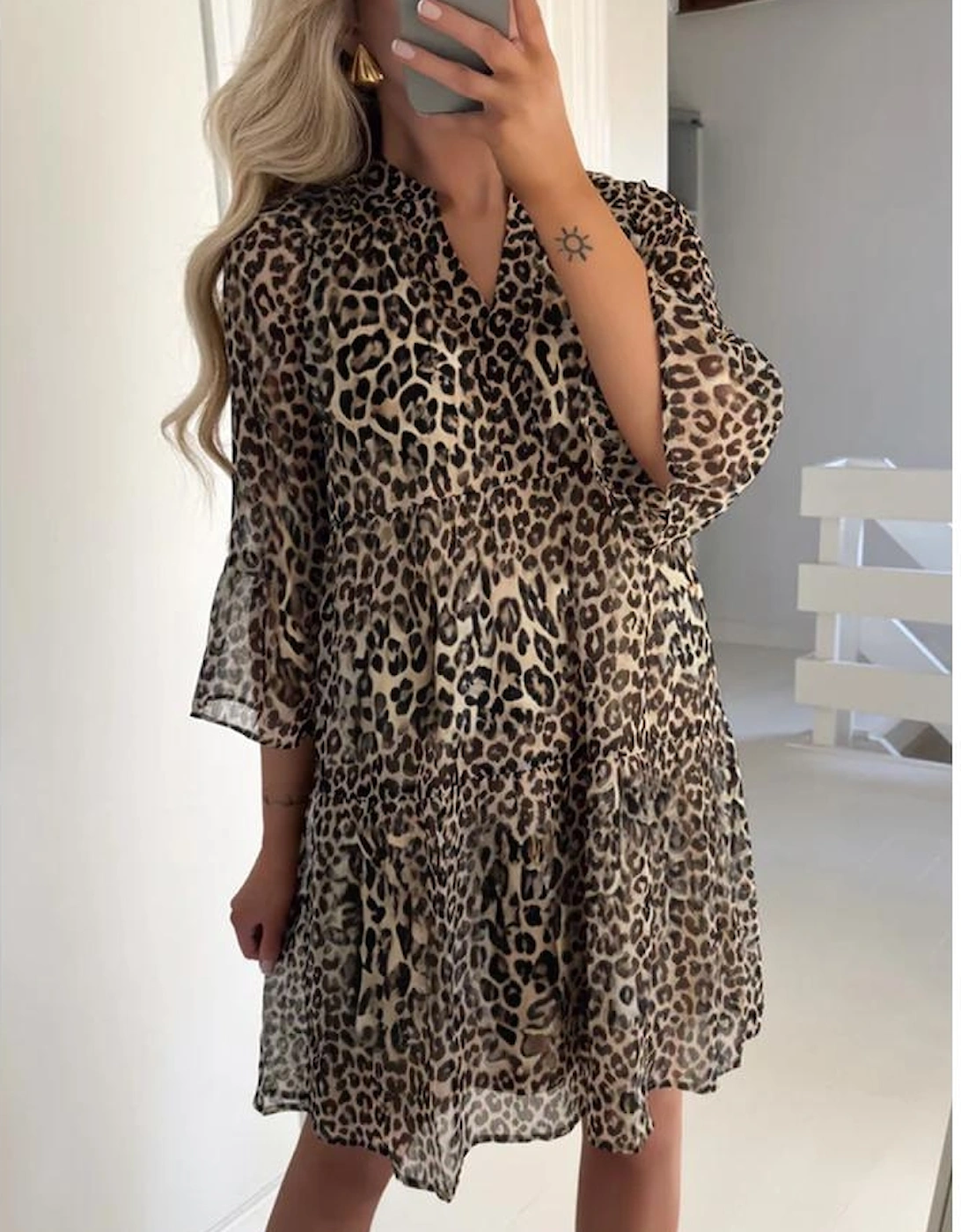 Khaki Leopard 3/4 Sleeve V Neck Swing Dress, 5 of 4