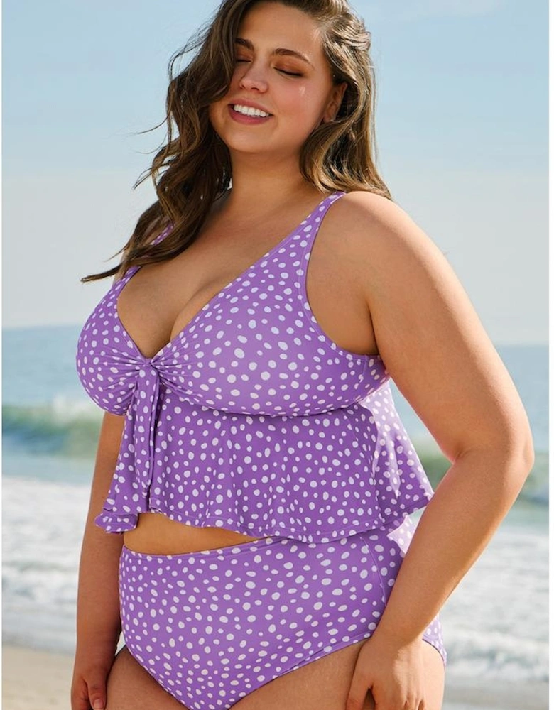 Purple Plus Size Polka Dot Print Ruffled Knotted V Neck Tankini Set