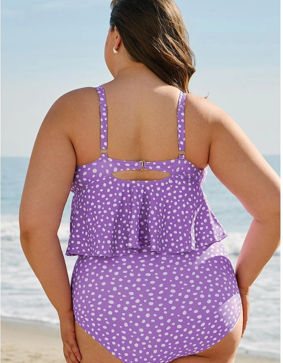 Purple Plus Size Polka Dot Print Ruffled Knotted V Neck Tankini Set, 16 of 15