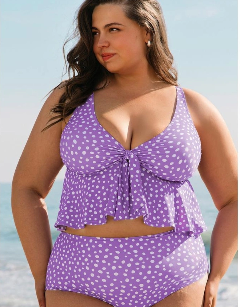 Purple Plus Size Polka Dot Print Ruffled Knotted V Neck Tankini Set