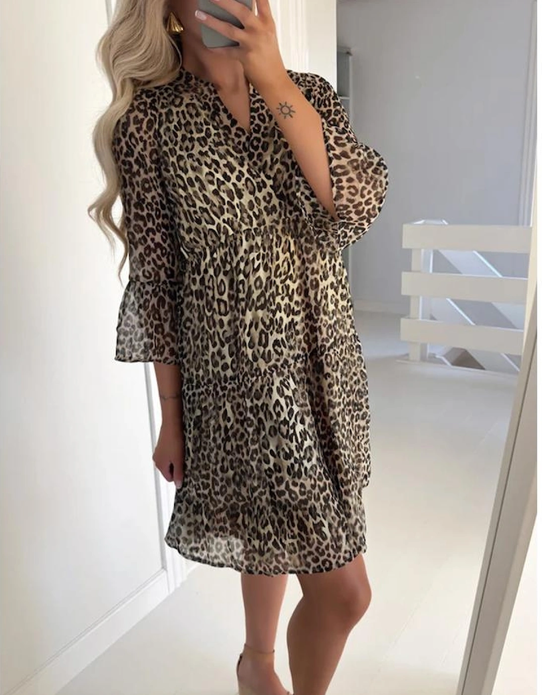 Khaki Leopard 3/4 Sleeve V Neck Swing Dress