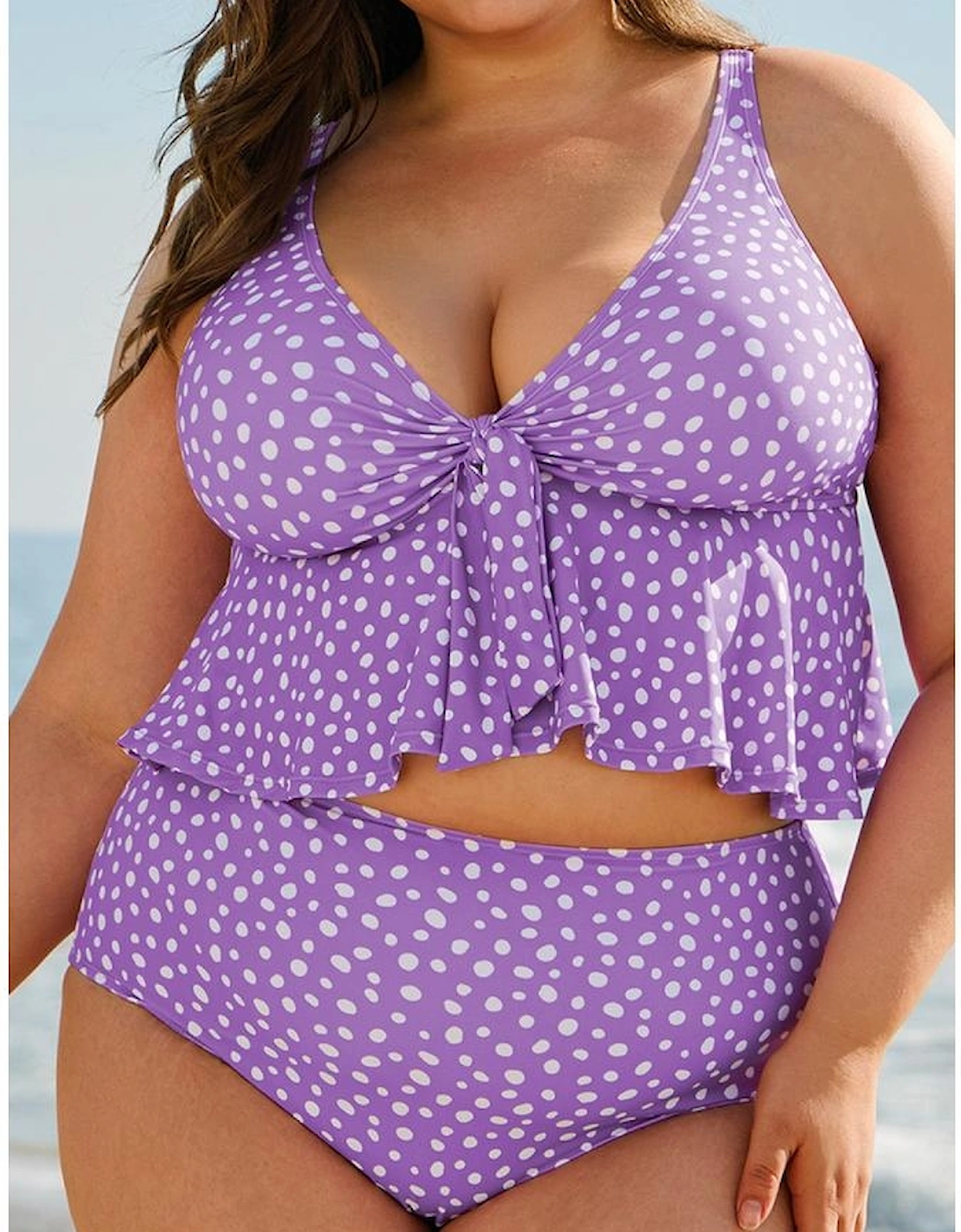 Purple Plus Size Polka Dot Print Ruffled Knotted V Neck Tankini Set