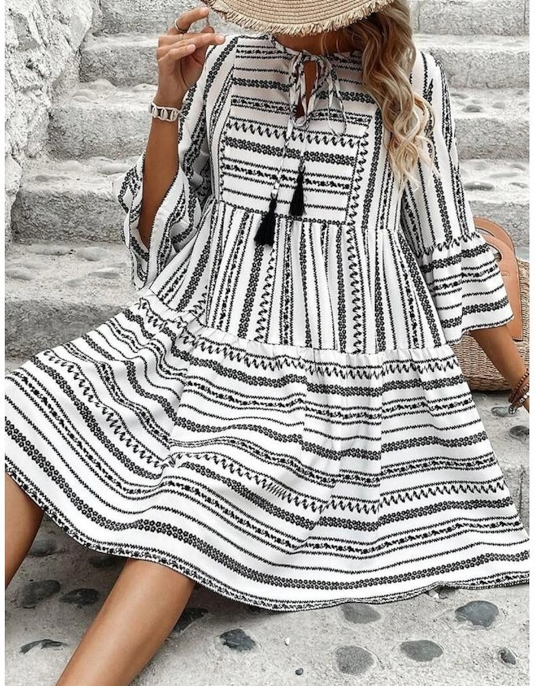 Black Stripe V Neck Bell Sleeve High Waist Mini Dress