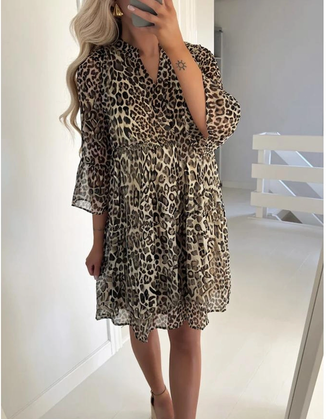 Khaki Leopard 3/4 Sleeve V Neck Swing Dress