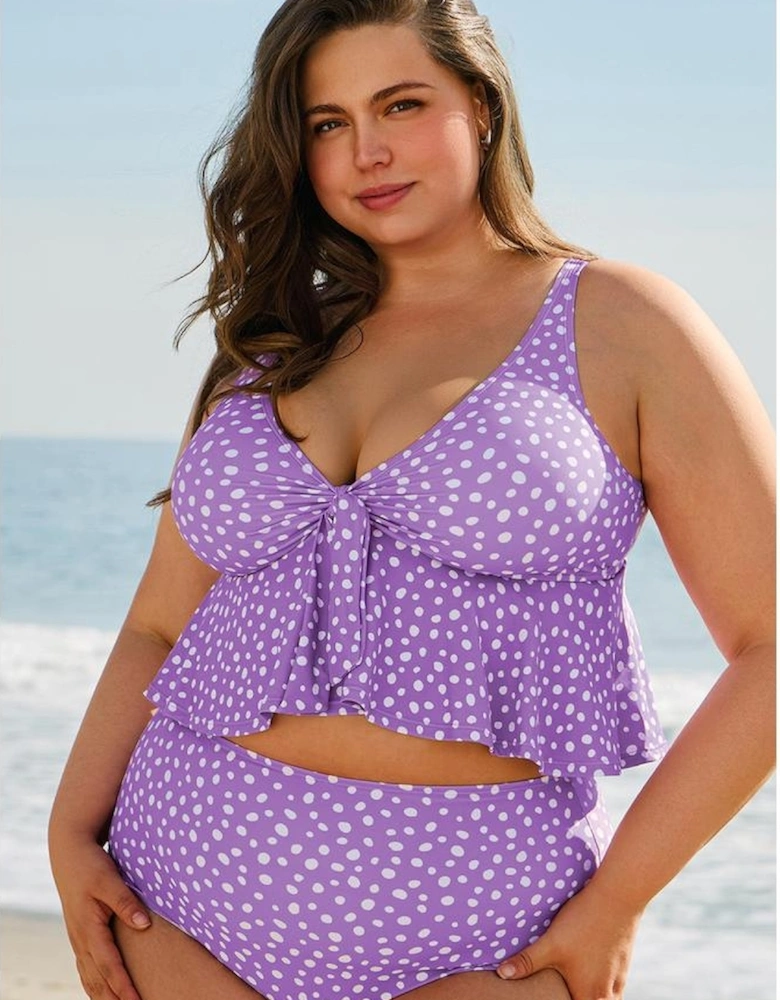 Purple Plus Size Polka Dot Print Ruffled Knotted V Neck Tankini Set
