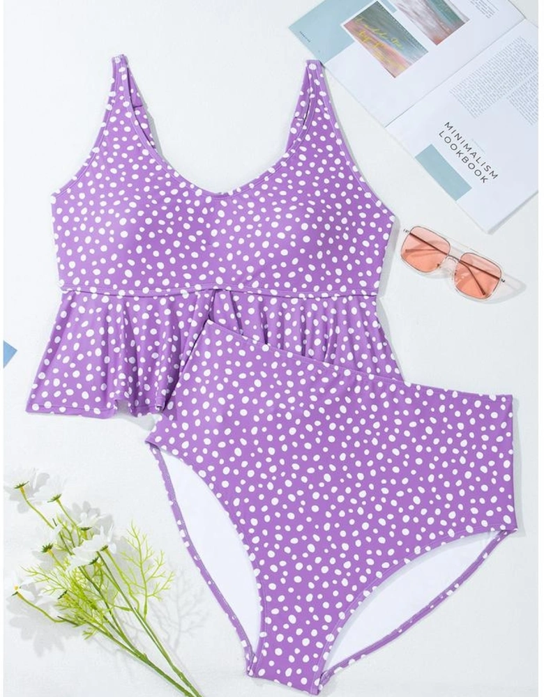 Purple Plus Size Polka Dot Print Ruffled Knotted V Neck Tankini Set