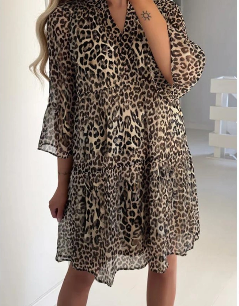 Khaki Leopard 3/4 Sleeve V Neck Swing Dress