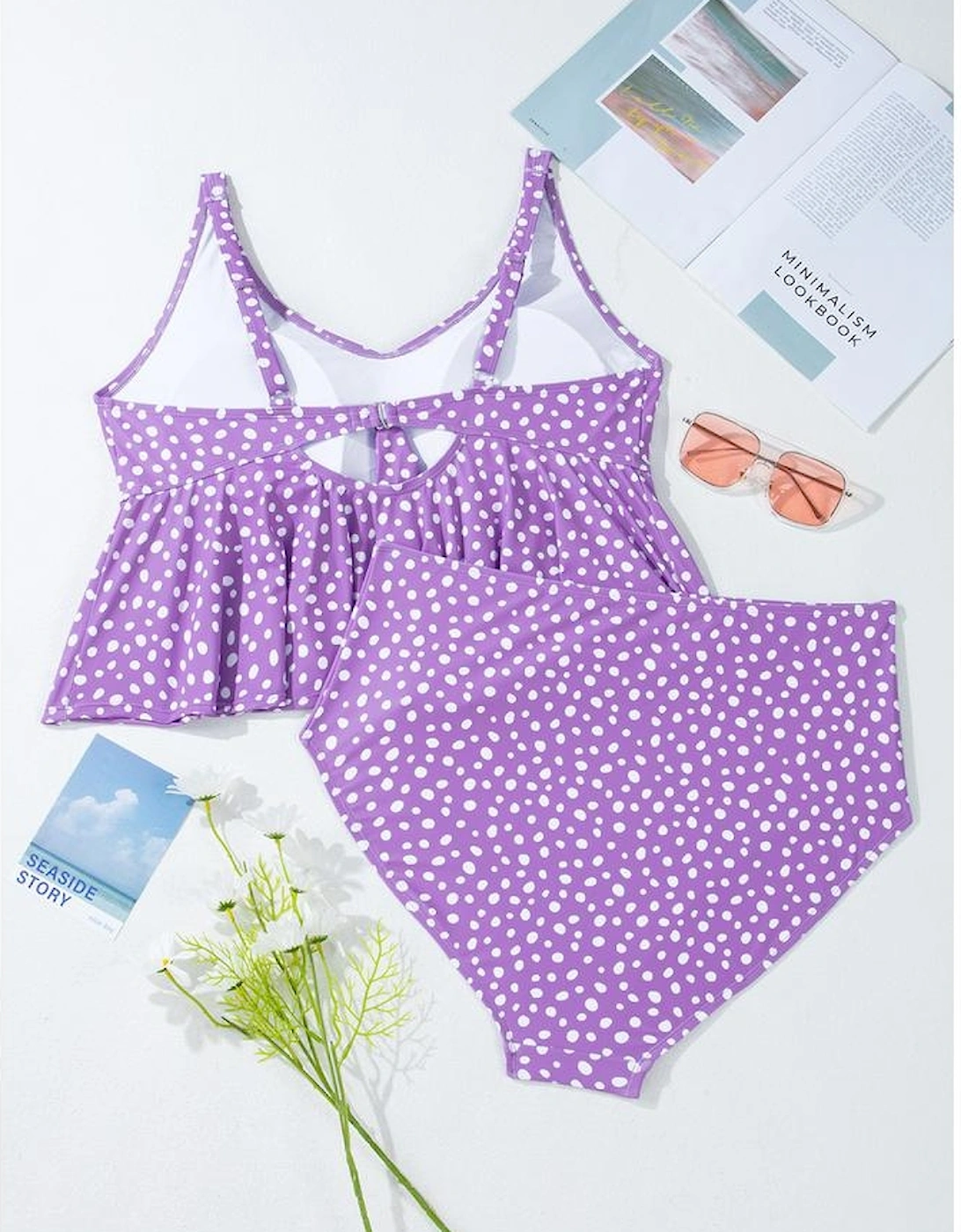 Purple Plus Size Polka Dot Print Ruffled Knotted V Neck Tankini Set