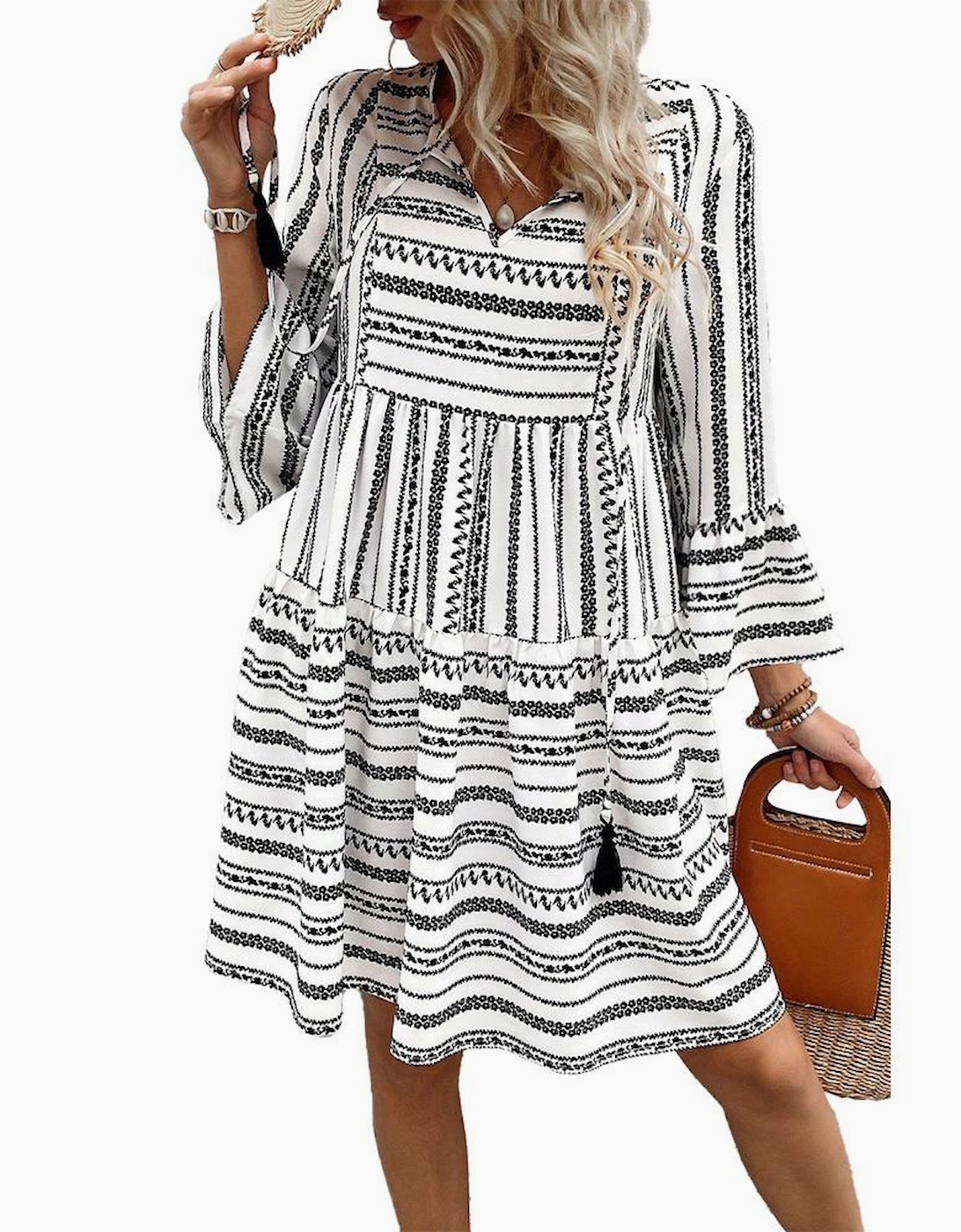 Black Stripe V Neck Bell Sleeve High Waist Mini Dress