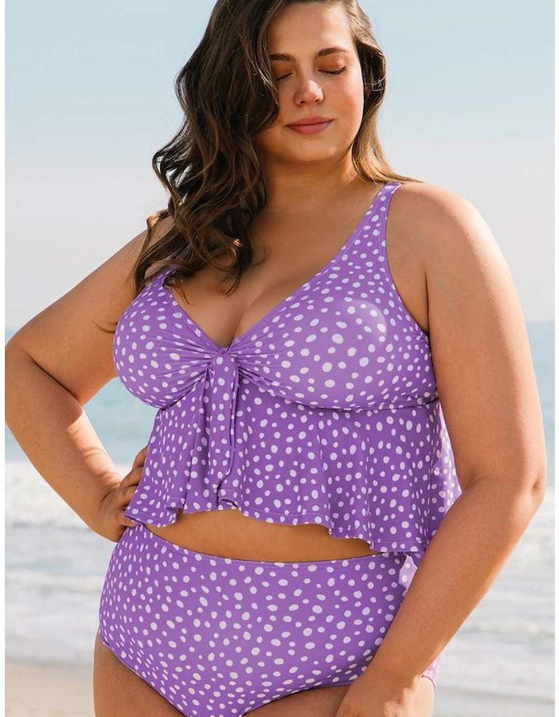 Purple Plus Size Polka Dot Print Ruffled Knotted V Neck Tankini Set
