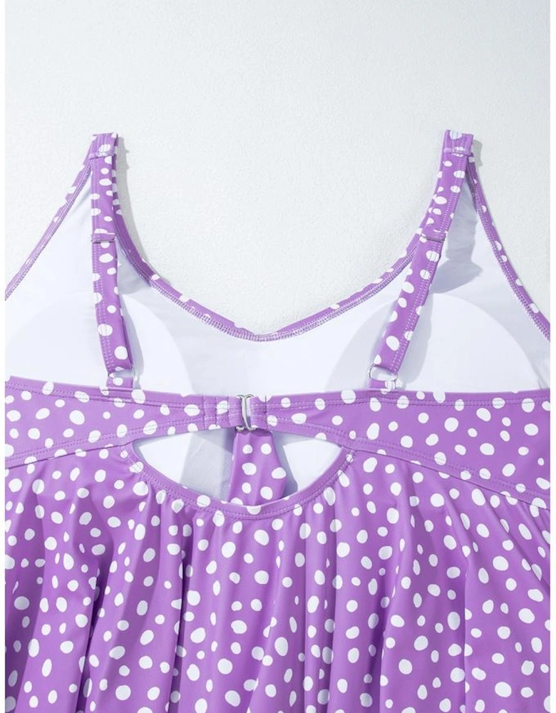 Purple Plus Size Polka Dot Print Ruffled Knotted V Neck Tankini Set