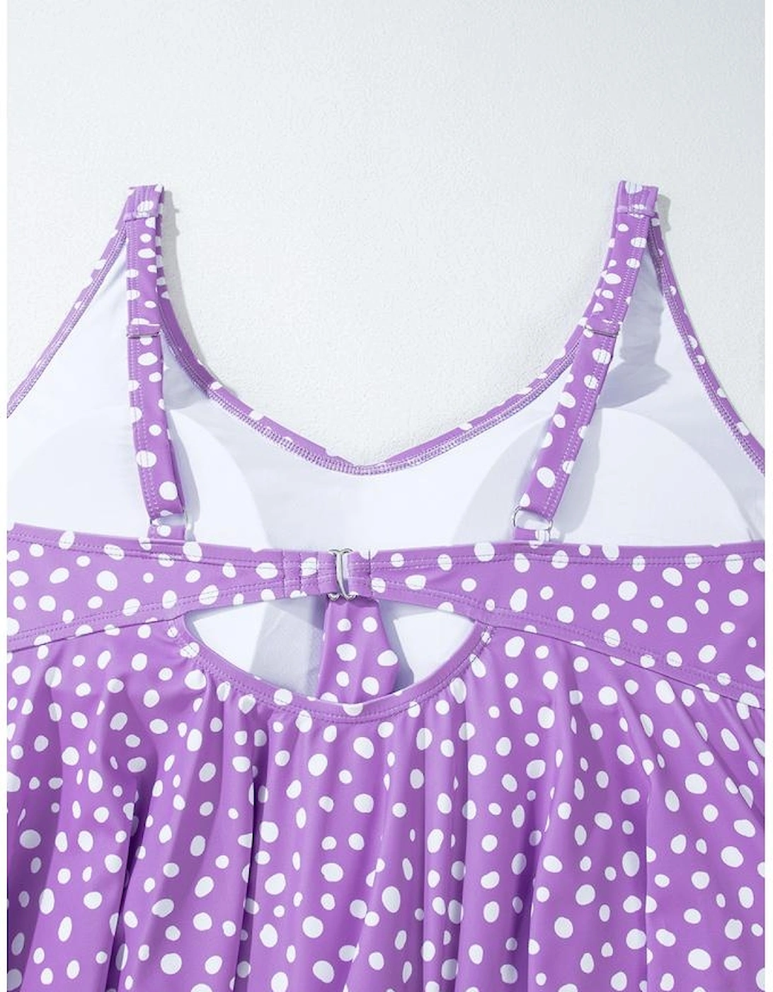 Purple Plus Size Polka Dot Print Ruffled Knotted V Neck Tankini Set