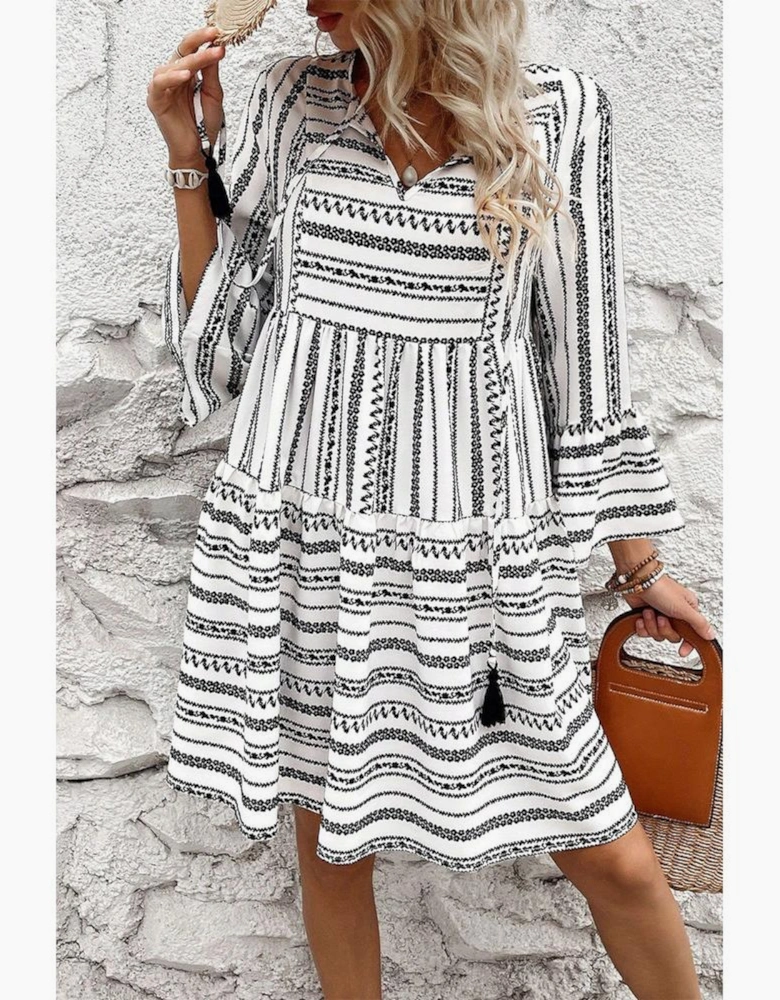 Black Stripe V Neck Bell Sleeve High Waist Mini Dress