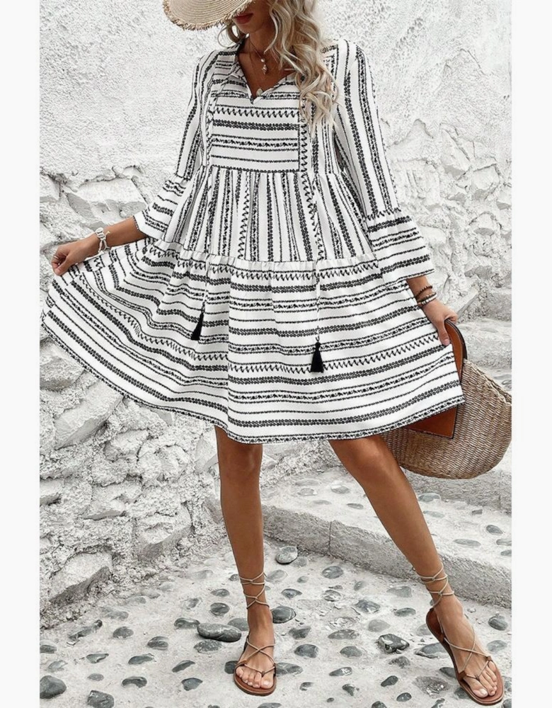 Black Stripe V Neck Bell Sleeve High Waist Mini Dress