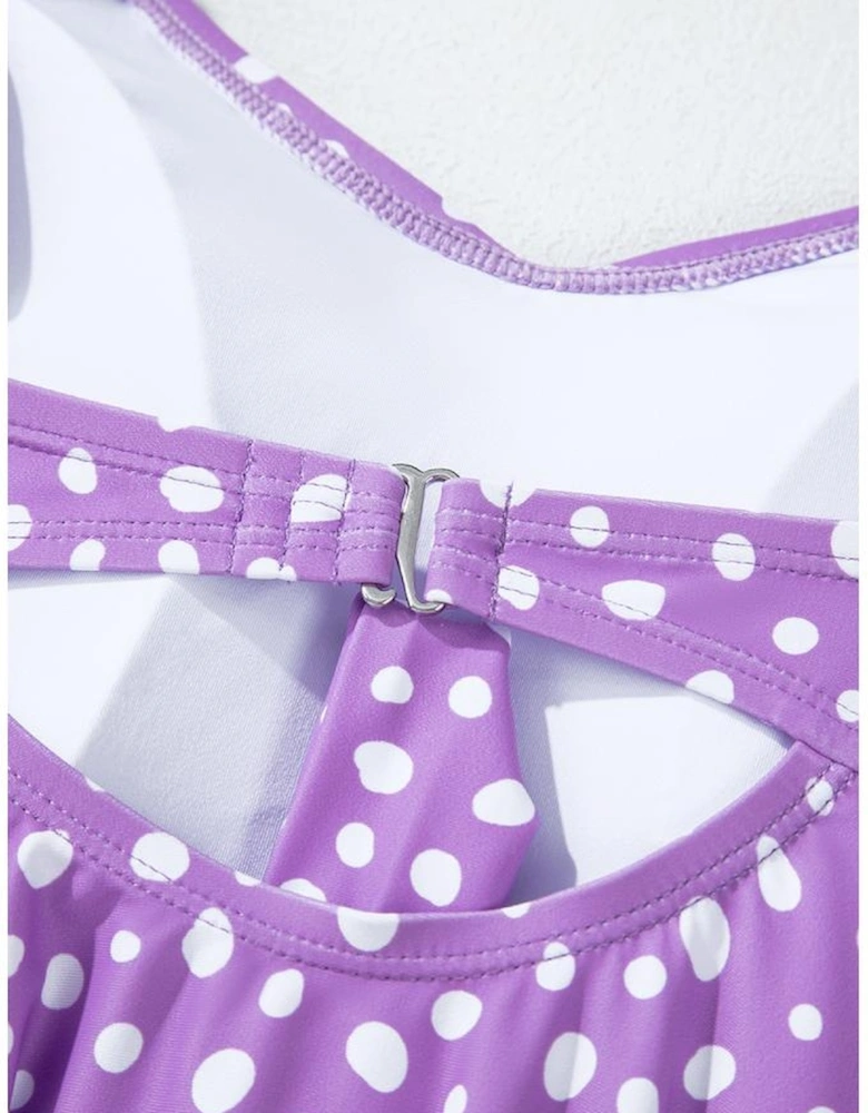 Purple Plus Size Polka Dot Print Ruffled Knotted V Neck Tankini Set