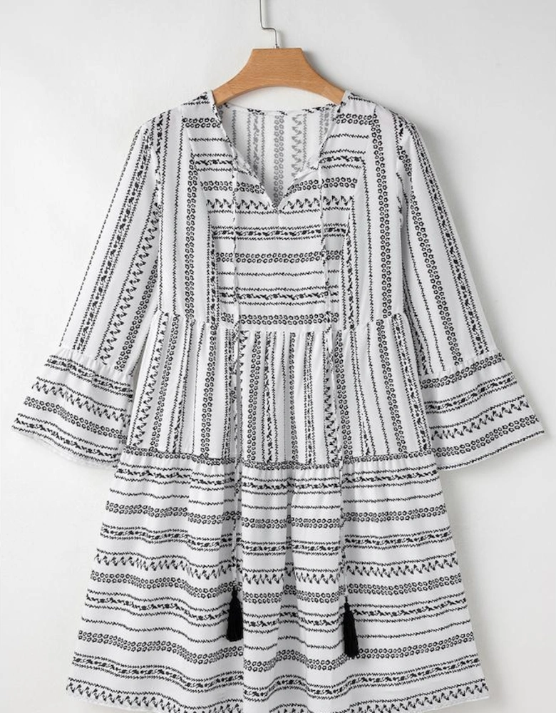 Black Stripe V Neck Bell Sleeve High Waist Mini Dress