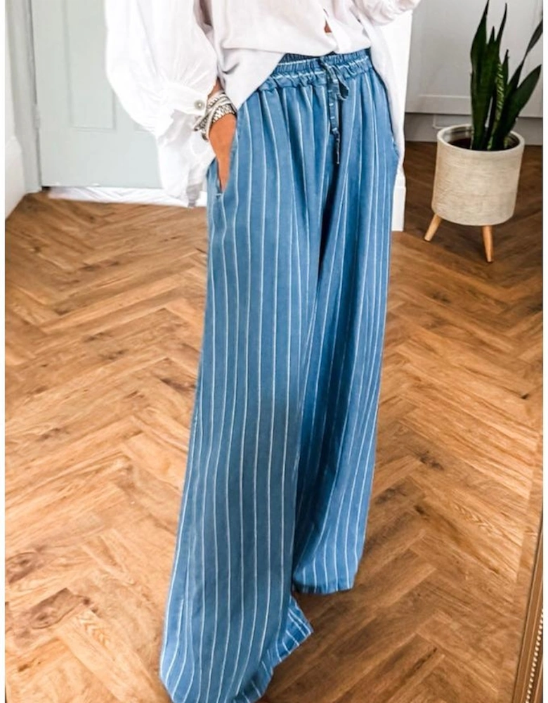 Blue Stripe Chambray Wide Leg Tied Elastic Waist Trousers