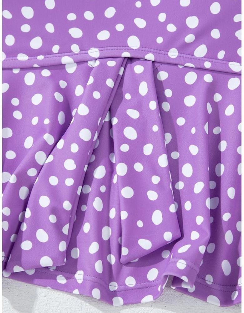 Purple Plus Size Polka Dot Print Ruffled Knotted V Neck Tankini Set