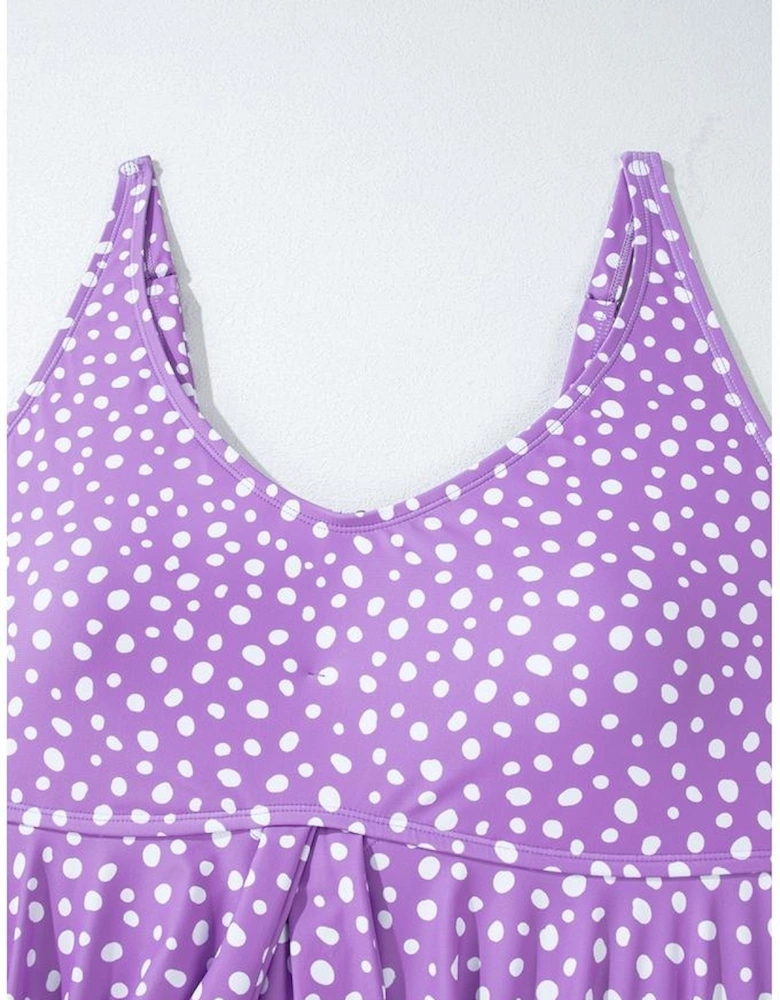 Purple Plus Size Polka Dot Print Ruffled Knotted V Neck Tankini Set