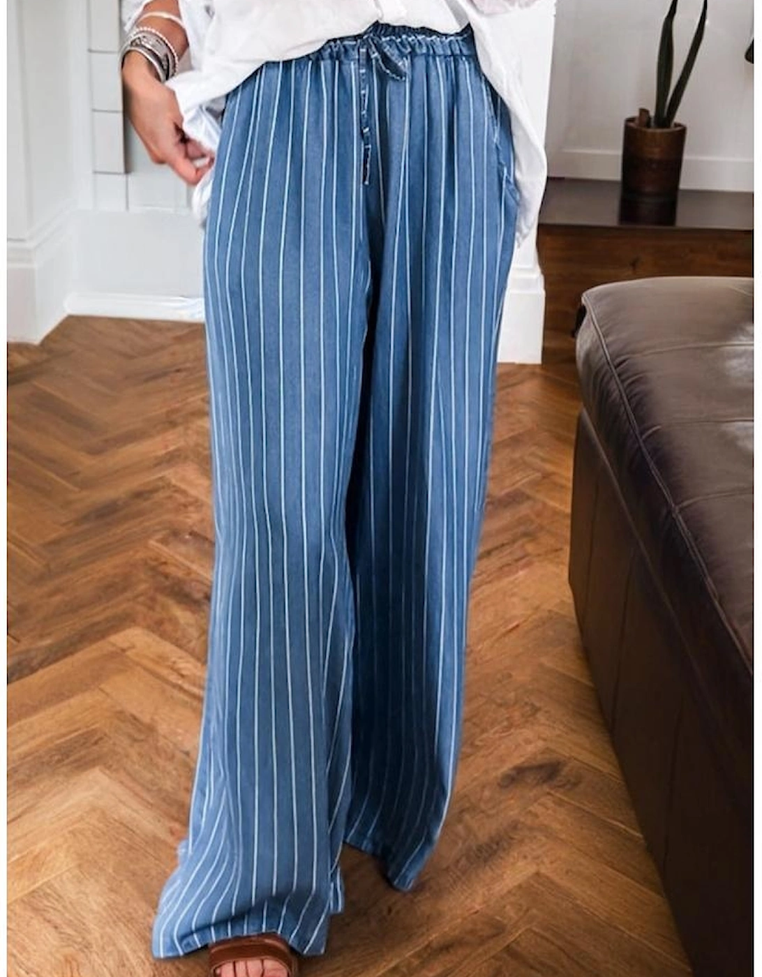 Blue Stripe Chambray Wide Leg Tied Elastic Waist Trousers
