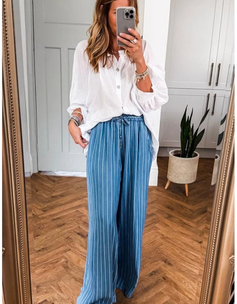 Blue Stripe Chambray Wide Leg Tied Elastic Waist Trousers