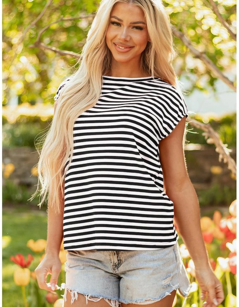 Black Stripe Ribbed Cap Sleeve Round Neck T Shirt