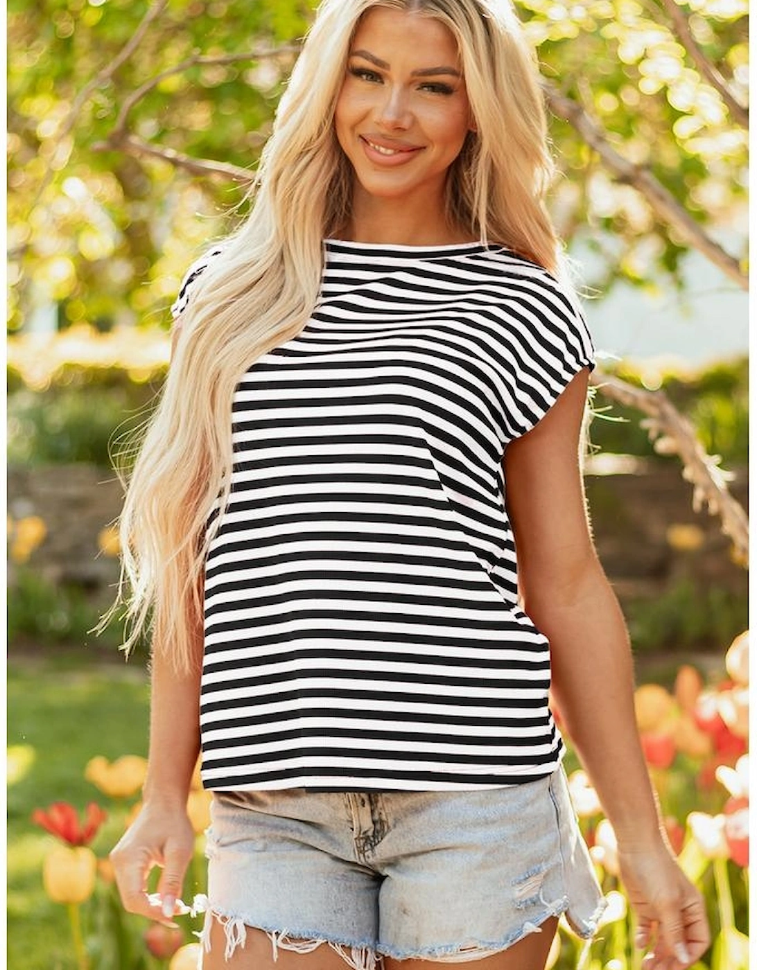 Black Stripe Ribbed Cap Sleeve Round Neck T Shirt