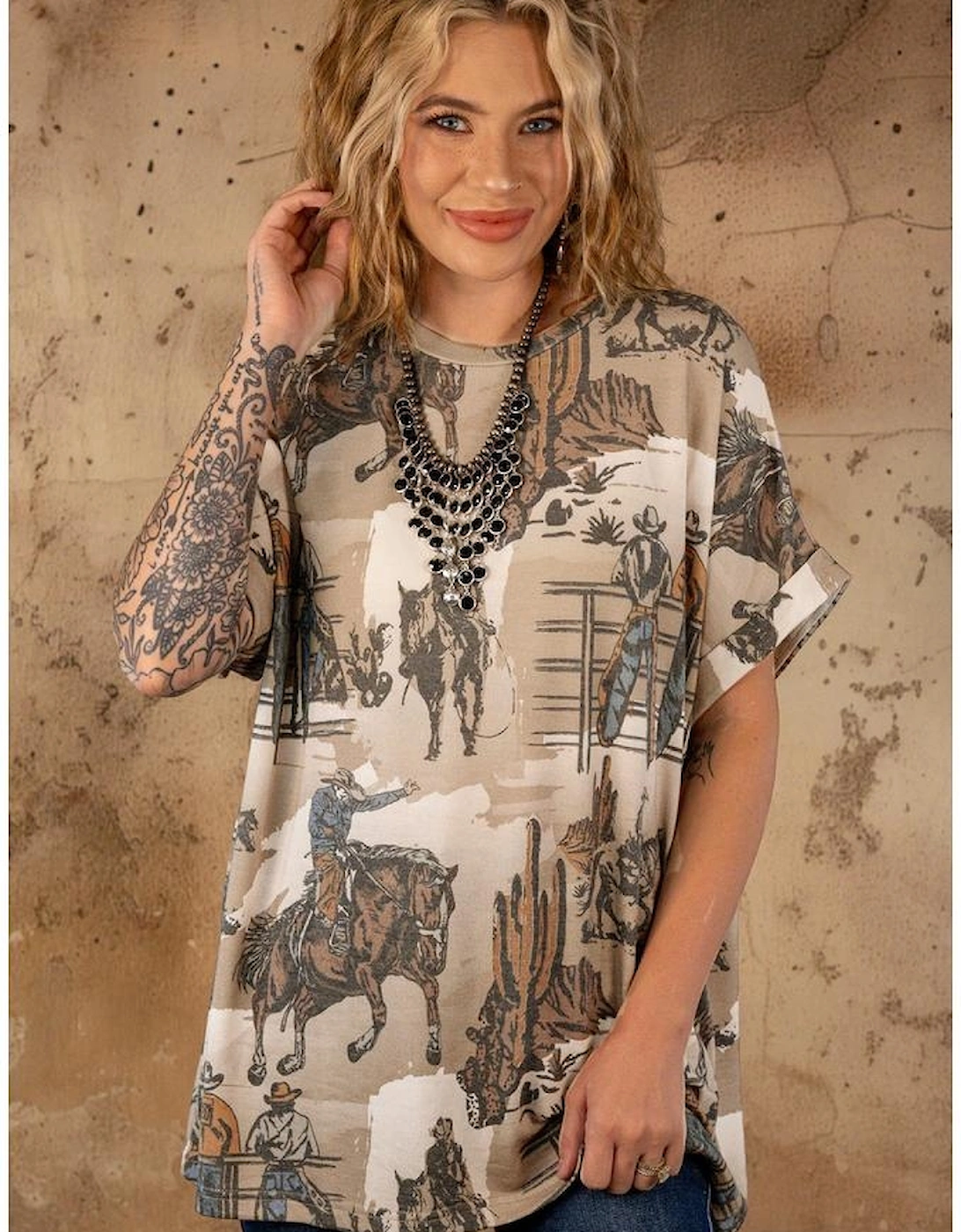 Khaki Western Cowboy Print Cuffed Sleeve Crewneck T Shirt