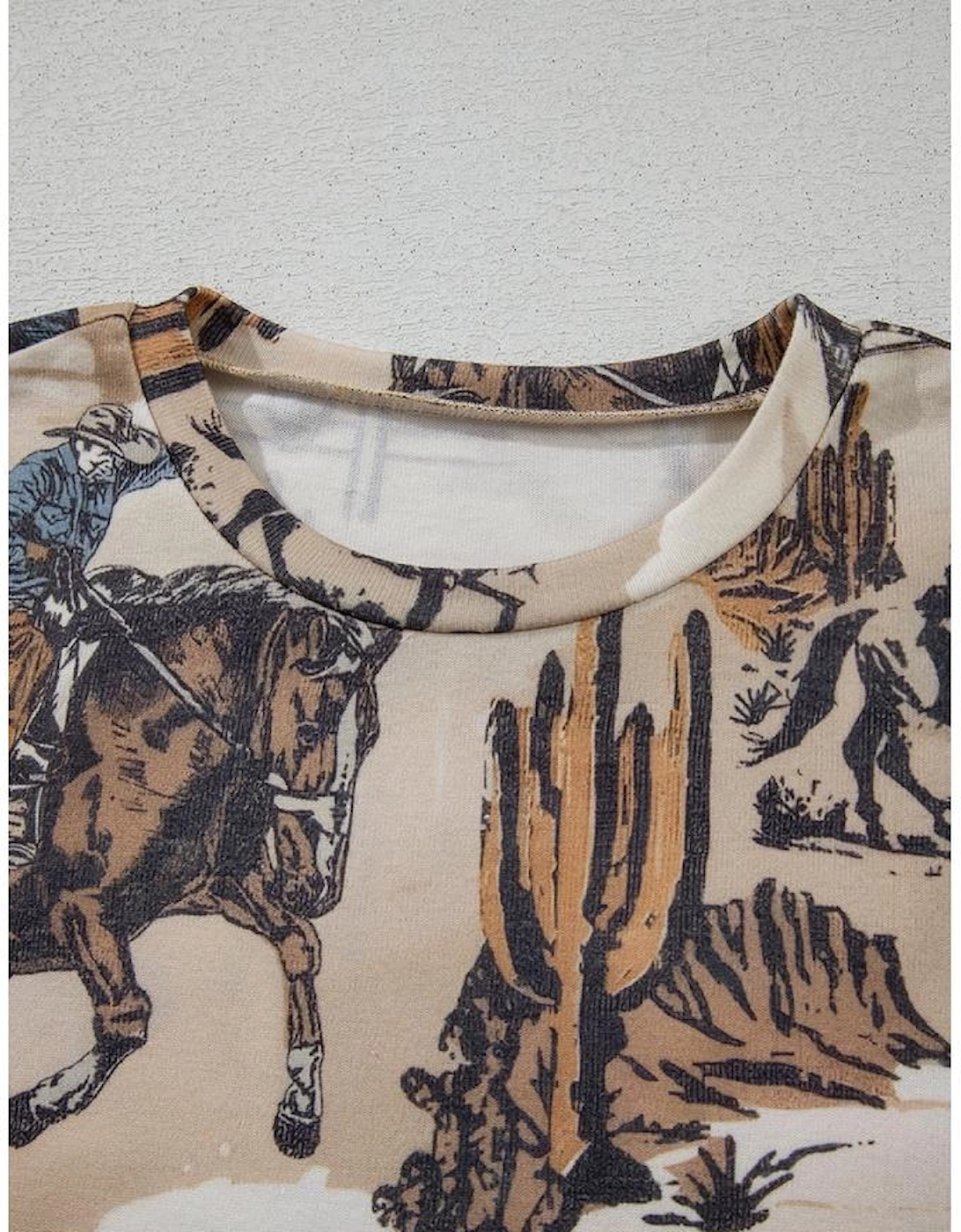 Khaki Western Cowboy Print Cuffed Sleeve Crewneck T Shirt