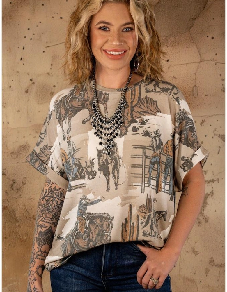 Khaki Western Cowboy Print Cuffed Sleeve Crewneck T Shirt