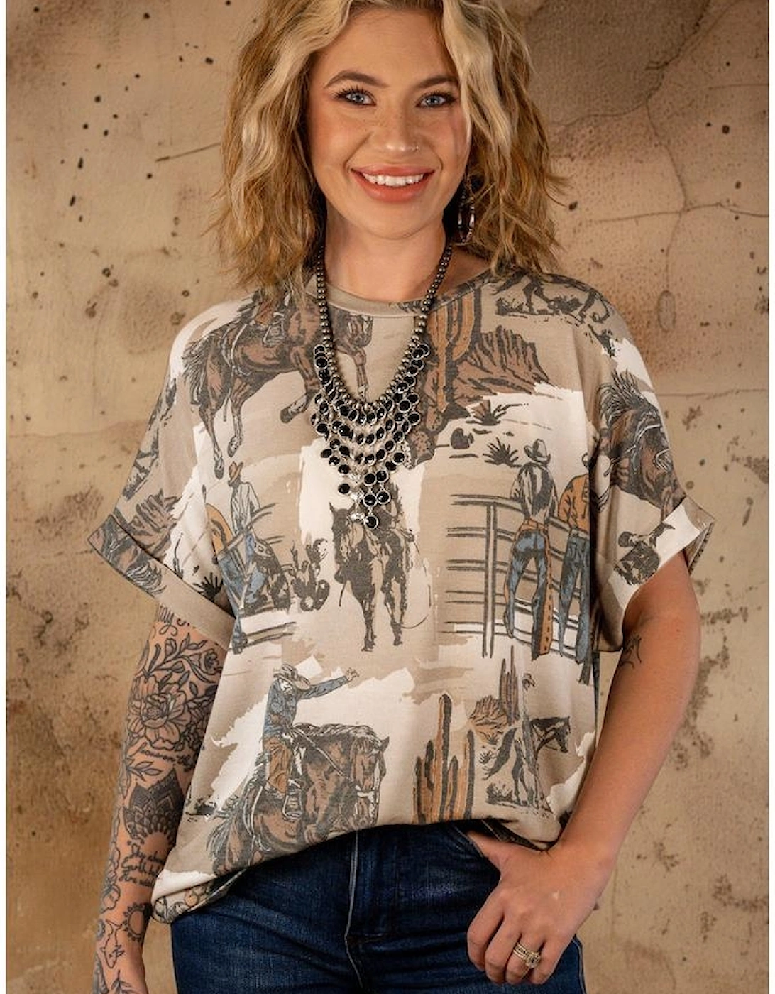 Khaki Western Cowboy Print Cuffed Sleeve Crewneck T Shirt