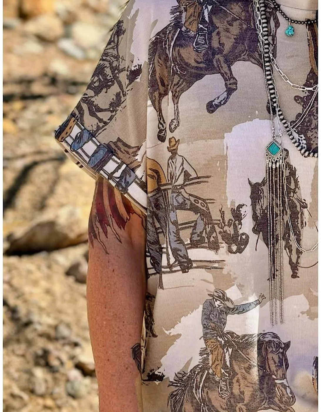 Khaki Western Cowboy Print Cuffed Sleeve Crewneck T Shirt