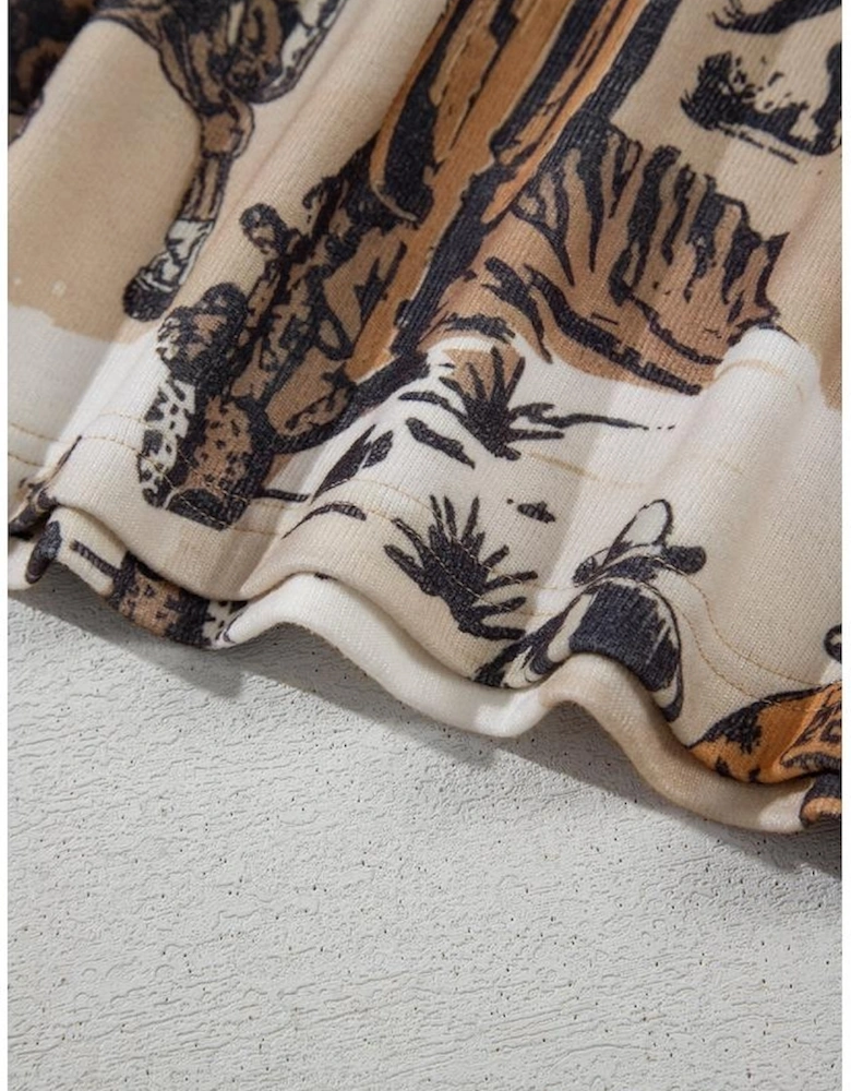 Khaki Western Cowboy Print Cuffed Sleeve Crewneck T Shirt