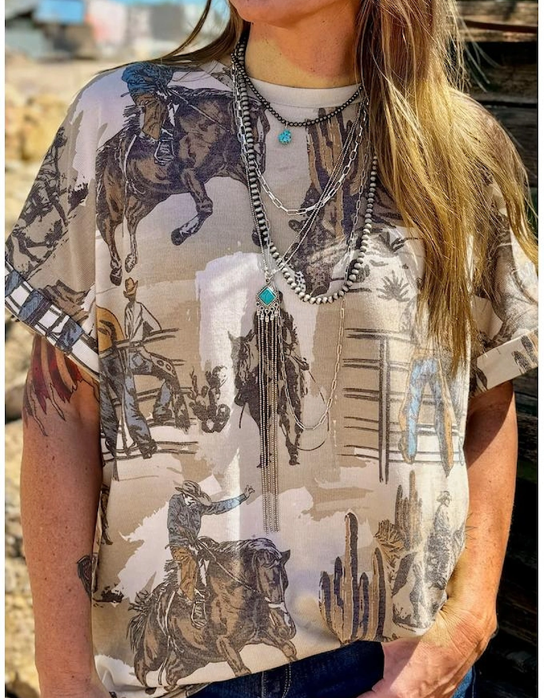 Khaki Western Cowboy Print Cuffed Sleeve Crewneck T Shirt