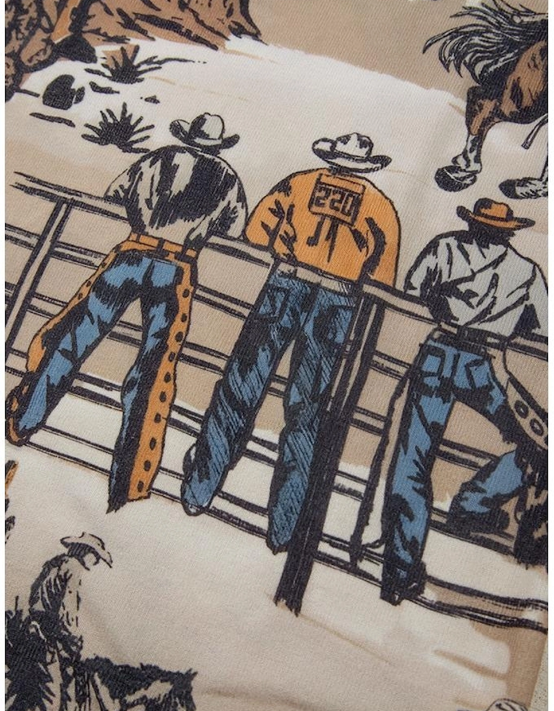 Khaki Western Cowboy Print Cuffed Sleeve Crewneck T Shirt