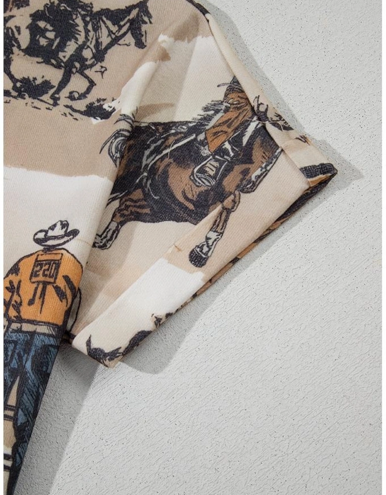 Khaki Western Cowboy Print Cuffed Sleeve Crewneck T Shirt