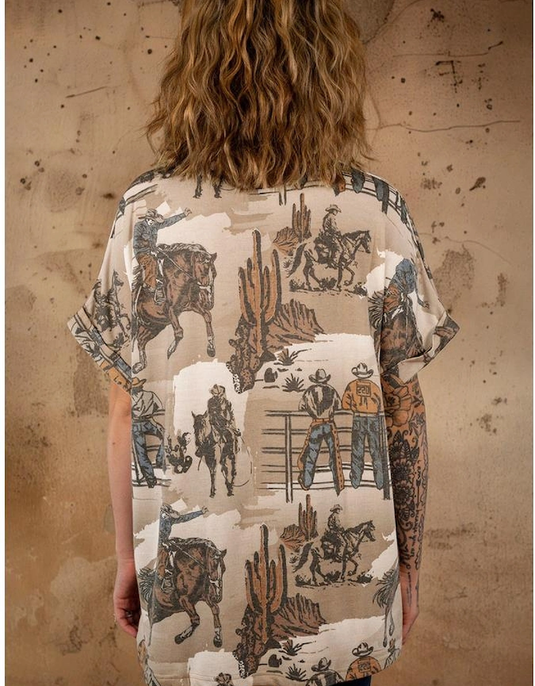 Khaki Western Cowboy Print Cuffed Sleeve Crewneck T Shirt, 13 of 12