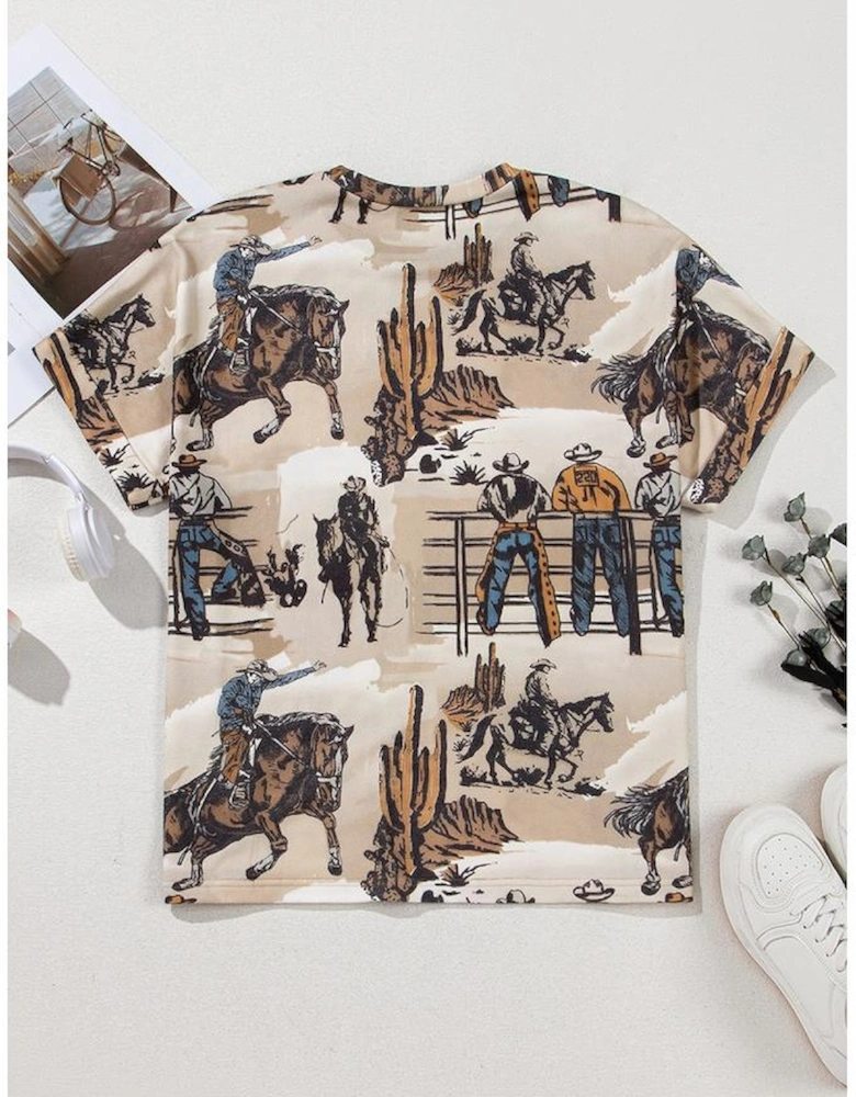 Khaki Western Cowboy Print Cuffed Sleeve Crewneck T Shirt