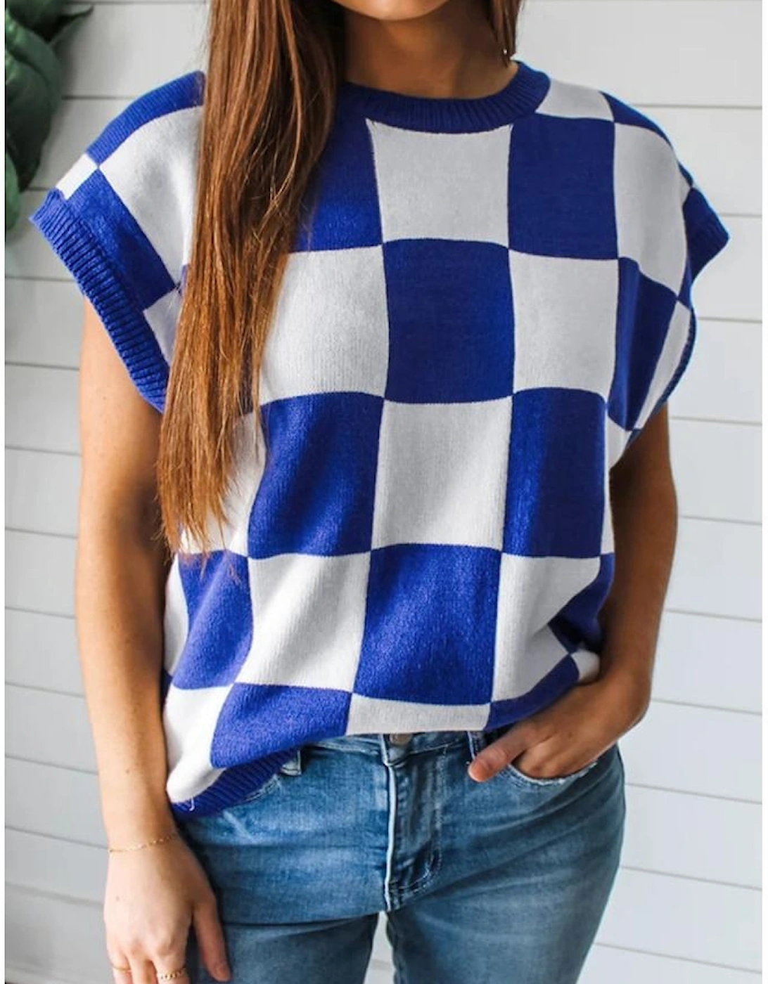 Dark Blue Cherckerboard Round Neck Sweater Vest