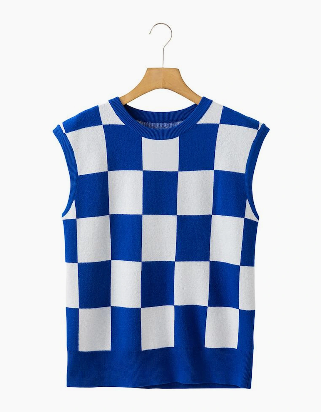 Dark Blue Cherckerboard Round Neck Sweater Vest