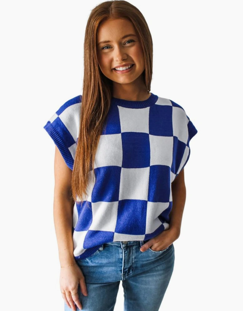 Dark Blue Cherckerboard Round Neck Sweater Vest