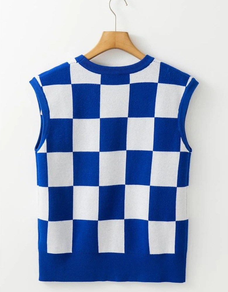 Dark Blue Cherckerboard Round Neck Sweater Vest