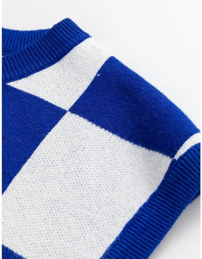 Dark Blue Cherckerboard Round Neck Sweater Vest